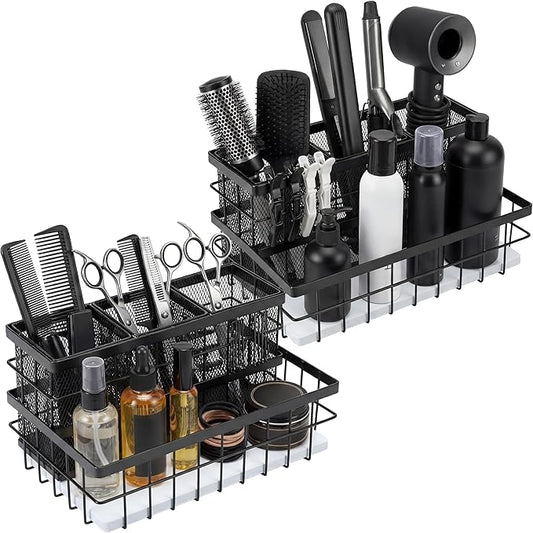 2 Pcs 1pcs Hair Tool Organizer Countertop Breathable Metal Bamboo Hot Tools Vanity Organizer Under Sink Bathroom Hair Dryer Holder Countertop Brush Comb Holder Tray (White Bamboo,Black)