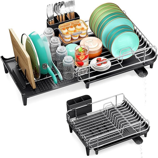 TOOLF Dish Drying Rack - Large Expandable Dish Rack for Kitchen Counter, Stainless Steel Dish Drainer for Kitchen Organization with Cutlery ＆ Cup Holder, Black