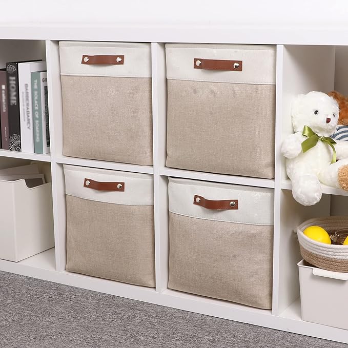 Temary Cube Storage Bins 13x13 Fabric Storage Cubes Baskets Set Of 4 Cloth Baskets for Shelf, Large Bin Empty Basket for Organizing, Shelf Basket (White&Khaki)