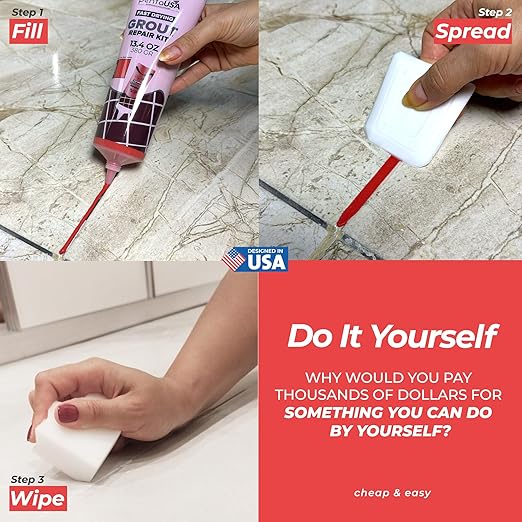 Tile Grout Repair Kit - Red - Premixed Acrylic Sanded Grout, Waterproof Formula, Bathroom & Shower Grout Repair, with Plastic Applicator, 13.4 oz / 380 g / 0.84 lb