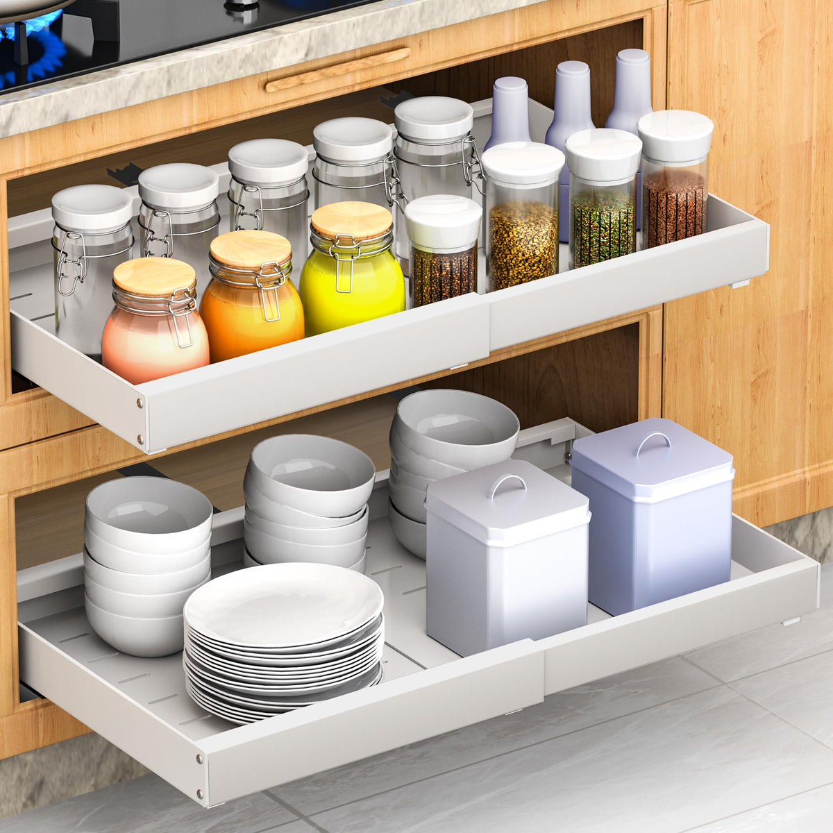 2 Pack Pull Out Cabinet Organizer Expandable, 21" Deep - Pull Out Drawers for Cabinets with Adjustable width from 12.6" to 21" Sliding Drawers for Cabinets with Heightening Pad No 