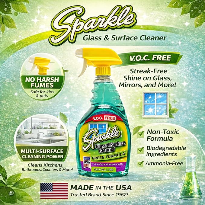 Sparkle Glass Cleaner Green Formula, Streak-Free Window, Mirror & Glass Surface Cleaner, 1 Gallon 128 Fl Oz Refill (Pack of 3)