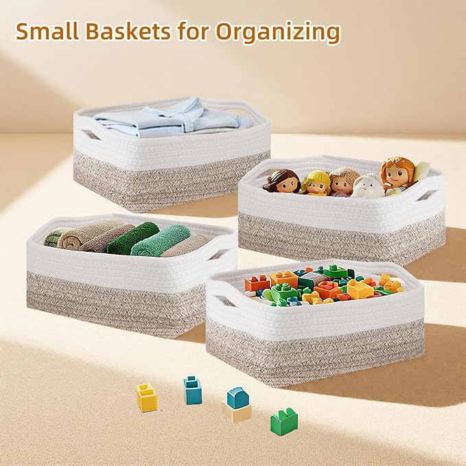 6 Pack Storage Baskets for Organizing, Small Storage Bins for Shelves, Woven Cotton Rope Baskets with Handles, Organizer Baskets for Gifts Empty, 12''Lx8''Wx4.5''H (Gradient Brown)