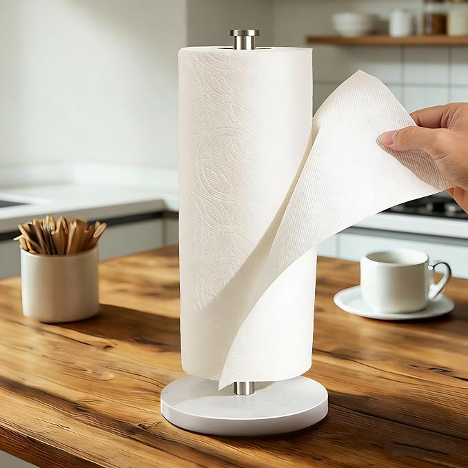 Weighted Marble Paper Towel Holder Countertop, Standing Paper Roll Holder with Non-Slip Base for Kitchen, One-Handed Tear, Elastic Centering Wire (Marble, Stainless Steel)