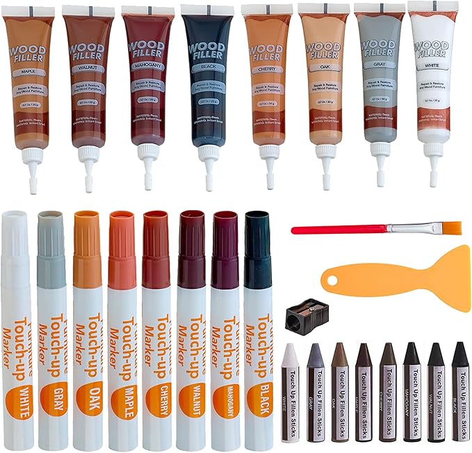 Furniture Repair Kit Set of 34, Wood Scratch Repair Markers, Wax Crayons and Wood Filler with Brushes and Sharpener for Furniture, Floors, Cabinets, Tables and Desks
