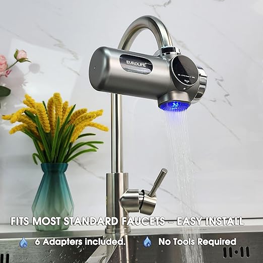 Combo Eurolife Faucet Mount Water Filter EL-LS-A15, LED Sink Water Filter with UV Light and Real Time Filter Life Indicator, Carbon Filter 8 Level fine Filtration, Extra More 2 Carbon Filter Included