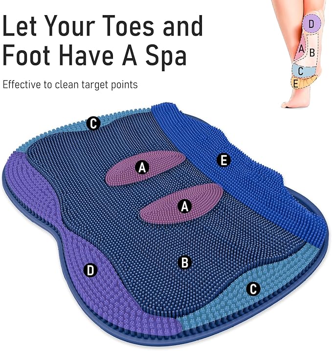Shower Foot Scrubber Mat Large 2.0- Silicone Feet Toes Massage Exfoliate Cleaner Pad Long Brush Without Bending Non-Slip Suction Cups in Shower Floor Bathtub Foot Relax Spa 17.4 * 13" Navy Blue