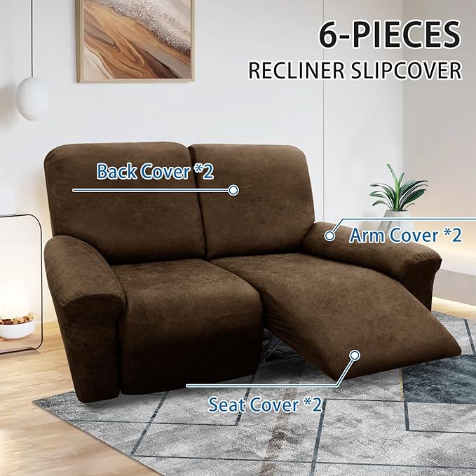 Loveseat Cover 6-Pieces for 2 Seater Reclining Sofa - Leather Look Slipcover With Pocket, Spandex Furniture Protector (Dark Brown)