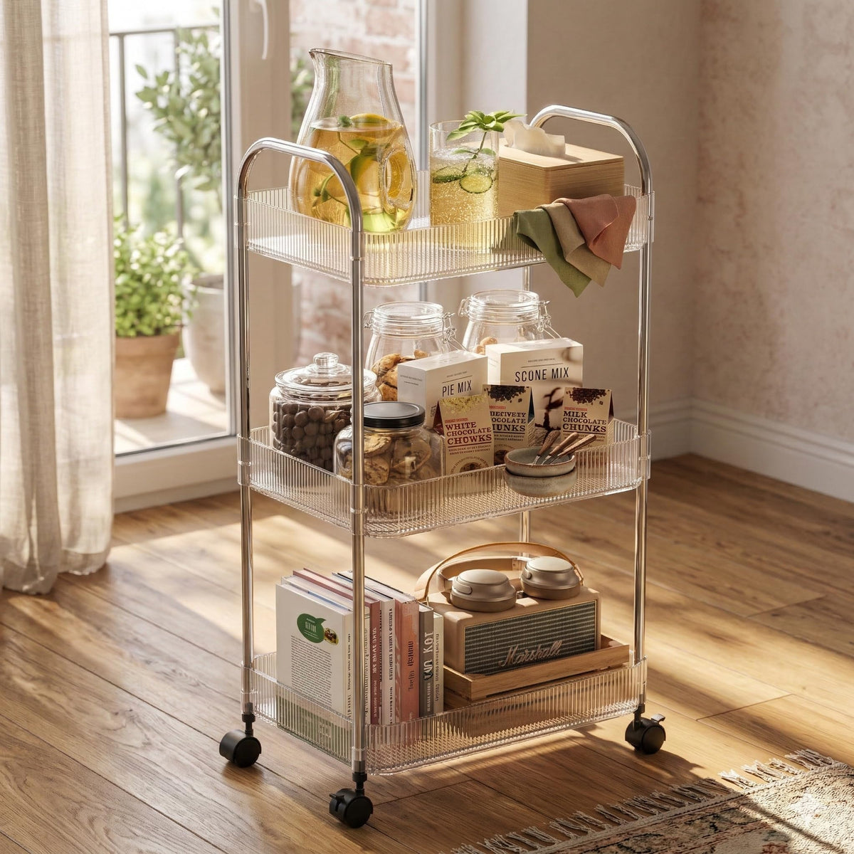 STARLATTA 3 Tier Rolling Cart with Lockable Wheels, Clear Acrylic - Image 1