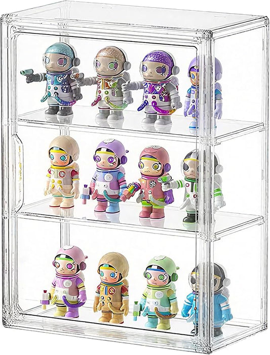 Clear Acrylic Display Case for Figures&Collectibles,3 Tier Lego Labubu Toy Box, Desktop or Storage Bin with 2 Removable Shelves,Figurine Display Shelf,Stackable Display Cabinet for Collectibles-1 Pack