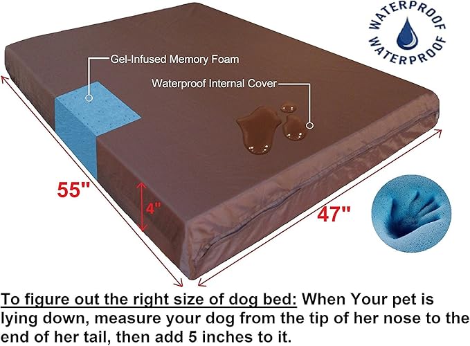 Dogbed4less Jumbo Orthopedic Gel Memory Foam Dog Bed, Waterproof Liner with Durable Washable Black Canvas Cover, 55X47X4 Inch