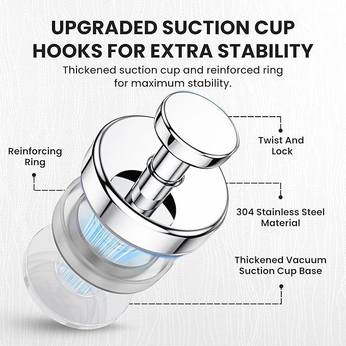 Suction Cup Hooks 4 Pack – No Drill Heavy Duty Bathroom Towel Hooks, Removable Stainless Steel Shower Hooks for Kitchen, Glass, Door, Bathrobe & Coat