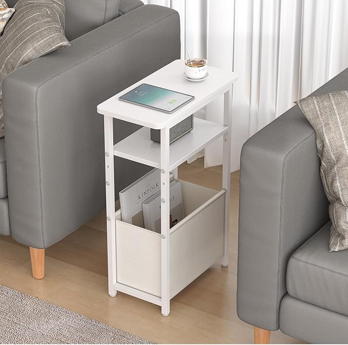 Narrow Side Table Set of 2, Skinny End Tables with Fabric Basket, Small Side Tables for Small Space,2-Tier Open Shelves with Basket, Slim Nightstands Set 2 for Bedroom,Livinroom,Office,White