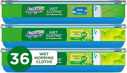 Swiffer Sweep + Mop, Wet Pads Refill, Floor Cleaner for Dirt, Dust, Hair, Cleaning Cloths for Mopping Home, Bathroom, Kitchen, All Purpose Multi-Surface Floor Wipes, Fresh and Gain, 36ct