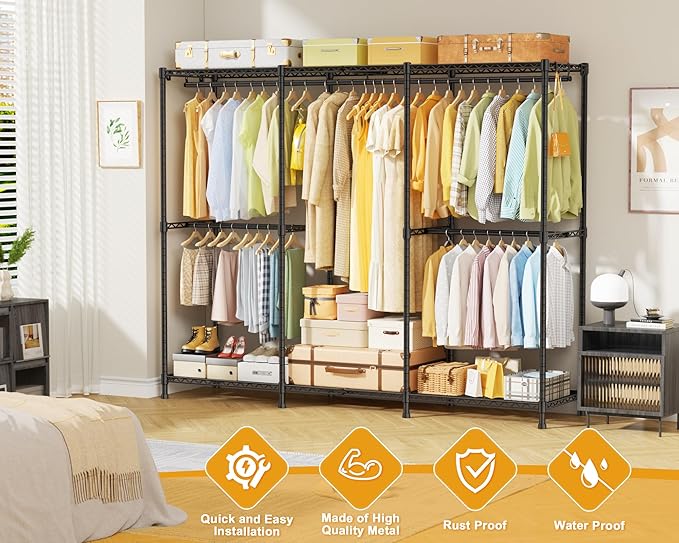 E14 Pro Heavy Duty Clothes Rack，Freestanding Clothing Racks for Hanging Clothes，Adjustable Closet Organizers and Storage，Metal Garment Rack with Shelves 69"W x16"D x77"H，Max Load 960LBS，Black