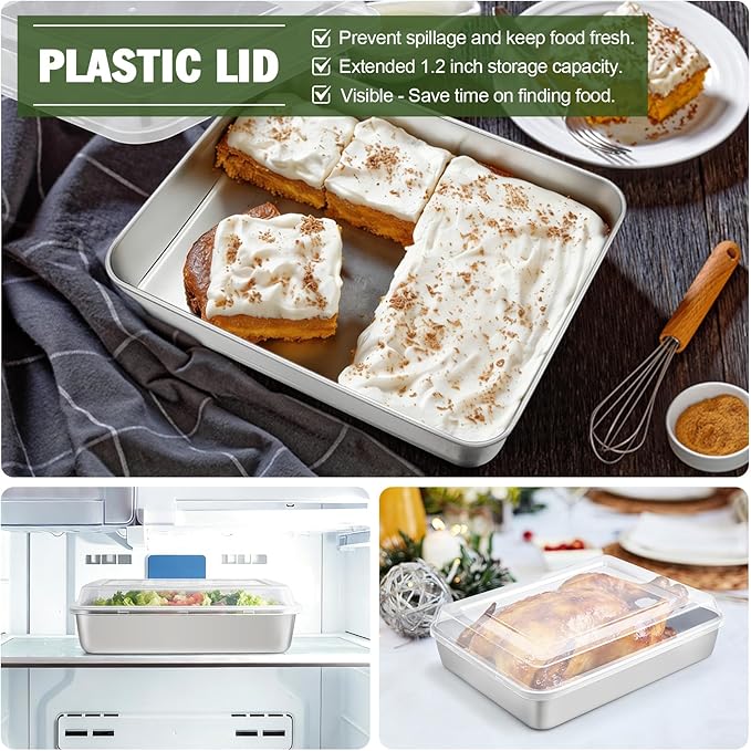 TeamFar Rectangular Cake Pans with Lids, 9.3’’ x 7’’ x 1.9’’ Stainless Steel Lasagna Brownie Pan For Roasting Baking, Healthy & Solid, Brushed Surface & Dishwasher Safe, (2 Pans+2 Lids)