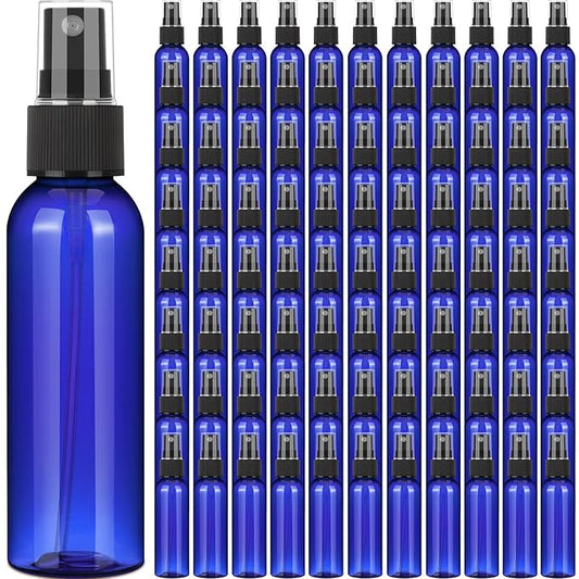 Nuogo 90 Pack 4 Oz Plastic Mini Spray Bottles Reusable Travel Size Perfume Refillable Mist Sprayer Empty Bottle for Essential Oil(Blue)