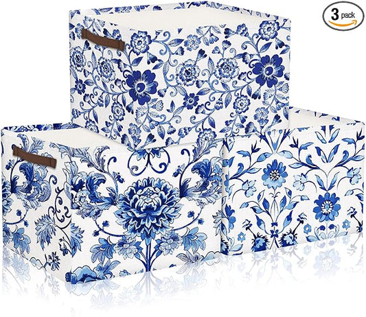 Geelin 3 Pack Blue and White Chinoiserie Storage Baskets, Large Foldable Decorative Storage Bins with Handles, Blue Floral Canvas Organizer Boxes for Closet Shelf Nursery Bedroom Home Organization