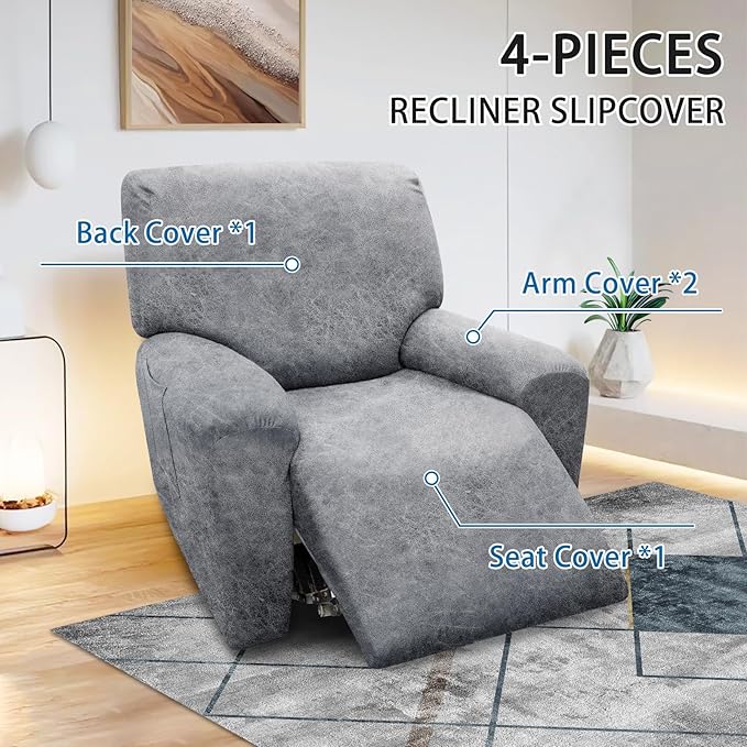 Recliner Chair Cover 4-Pieces, Leather Look, Light Grey, Spandex Fabric, Slipcovers with Pockets, Stretch Fit