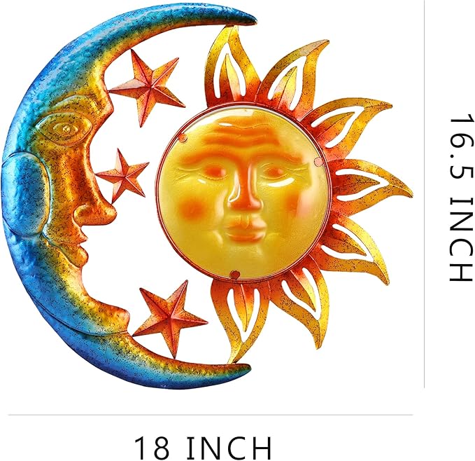 Large 19 Inch Metal Sun Moon Star Wall Art Decor, Bright Color Inspirational Celestial Decor, Resistant to Rust Metal Sculpture Hanging for Indoor Outdoor Home Living Room Office Yard Garden