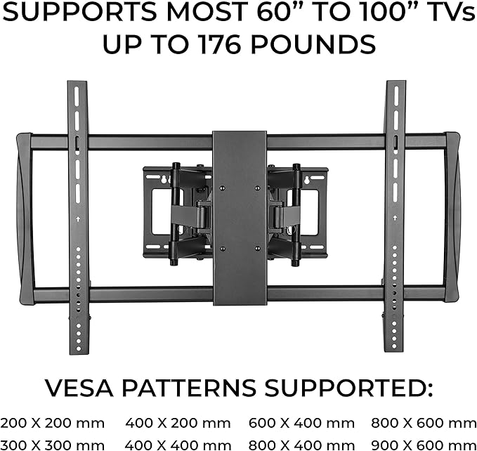 HumanCentric Heavy Duty Full Motion TV Wall Mount for 75-100" TVs, 176lb Capacity, 15° Tilt, 45° Swivel, 24" Extension, Max VESA 900x600mm, Flat or Curved, for Wood or Concrete, Hardware Included