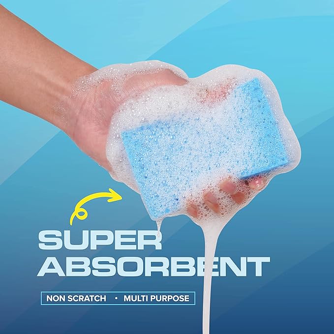 SCRUBIT 48 Pack Kitchen Sponges - Dish Sponge for Washing Dishes, Kitchen & Bathroom – Blue Dishwashing Sponges Along with A Thought Scrubber – Bulk Cleaning sponges Kitchen (Blue)