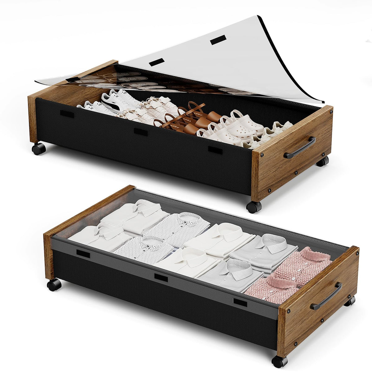 Wooden Under Bed Storage with Wheels, Rolling Under - Image 1