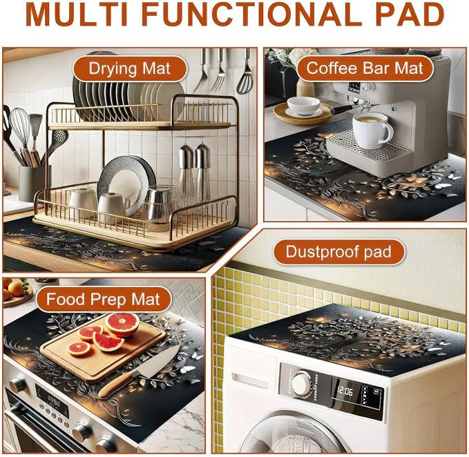 Stove Top Cover 28x20 Inch Diatomite Butterfly Tree Relief Kitchen Decor Glass Cooktop Protector Dish Drying Mat Coffee Mat Electric Stove Cover Mat Heat Resistant Pad