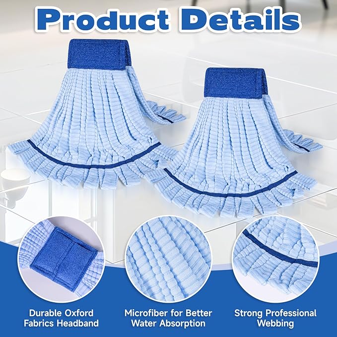 Large Microfiber Tube Mop Heads,Tube Wet Mop Refill (6 inch),Blue Heavy Duty Industrial Wet Mop Head Refill, Highly Absorbent,Commercial Mop Head Replacement,Machine Washable,Hardwood Floors(2)