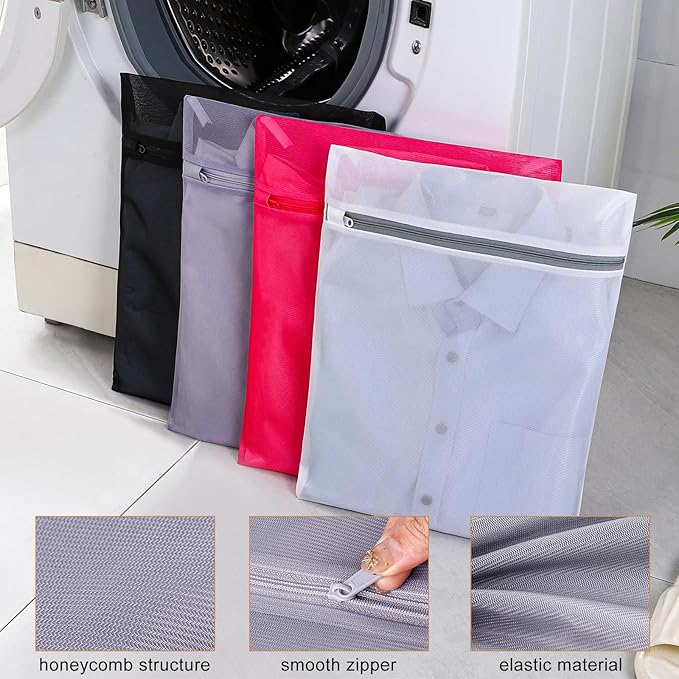 4 pack Mesh Laundry Bags,Mesh Wash Bags,Lingerie Bags for Washing Delicates,12 x 16 Inches lingerie bags for Laundry, Travel Storage Organize Bag for Cotton Clothes,Sheet, Shoes(MIXED COLOR)