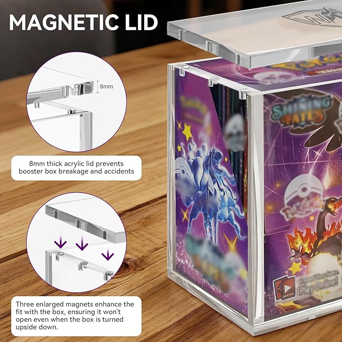 PKMN Booster Box Case, 8mm Ultra Thick Acrylic Protector with Magnetic Lid, Stackable Clear Display Box for Trading Card Collection