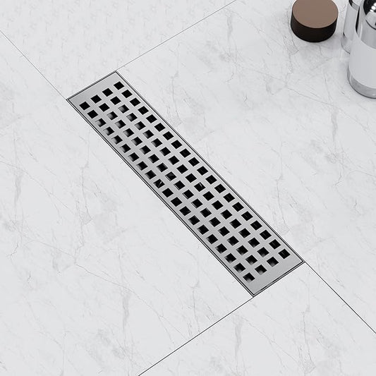 Linear Shower Drain 12 Inch, Modern Rectangle Shower Floor Drain with Removable Quadrato Pattern Grate, Stainless Steel SUS 304, Linear Drain with Leveling Feet& Hair Strainer