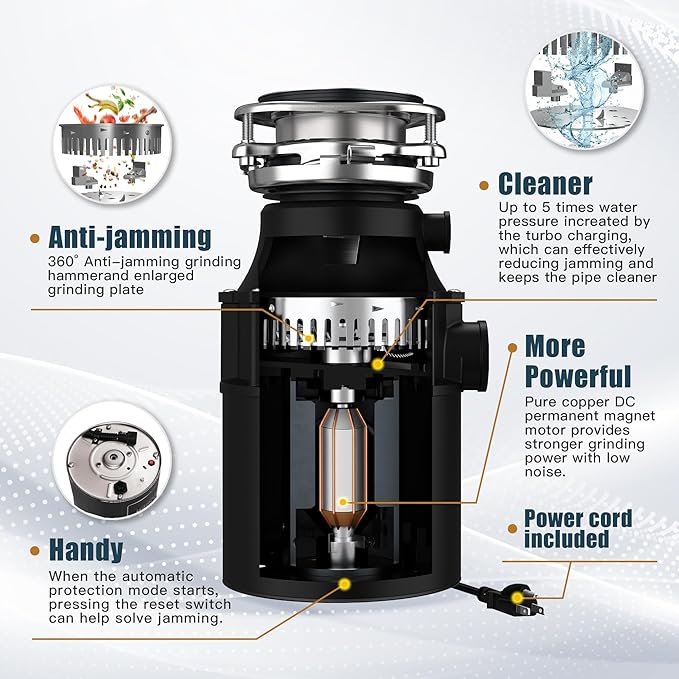 Trifecte Garbage Disposal 1/2 HP for Sink, Continuous Feed Food Waste Disposer with Power Cord, Faster and Powerful 0.5 HP Kitchen Waste Grinder with Dishwasher Hookup, Matte Black