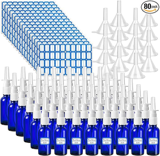 80 Pcs Nasal Spray Bottle Empty, Blue Glass Refillable Fine Mist Nasal Spray Bottles with 16 Funnels and 16 Labels (30ML/1oz)