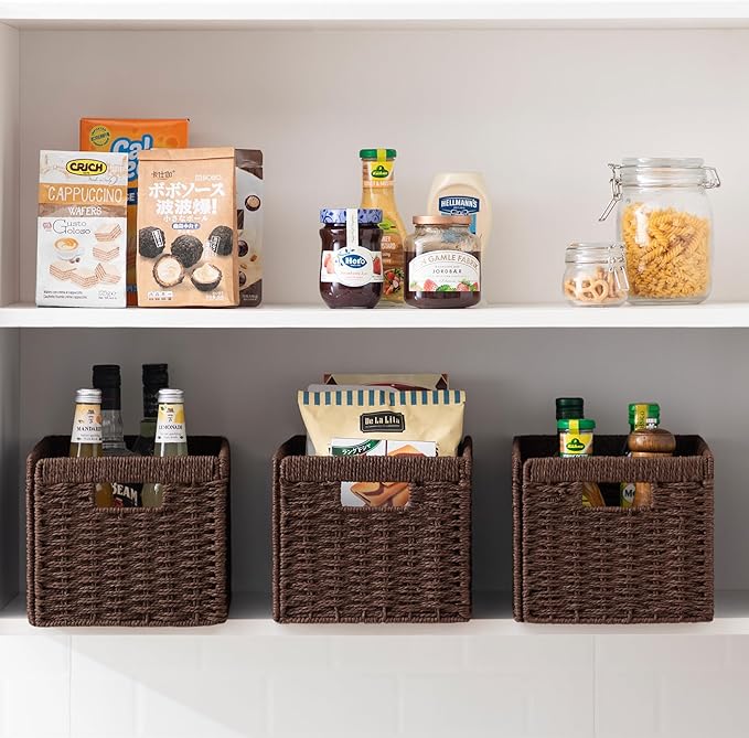 joybest Wicker Storage Baskets, Set of 2 Hand-Woven Paper Rope Dark Brown Baskets for Organizing, Foldable Rectangular Storage Organizer Bins for Shelves with Handles 13.4L x 8.3W x 7.1H