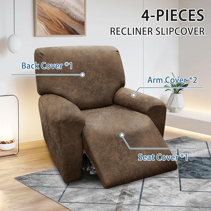 Chair Covers 4-Pieces Recliner Chair Covers 1 Seater Cover for Recliner Chair Leather Look Recliner Slipcovers with Pockets Spandex Fabric Furniture Covers(XL Recliner, Light Brown)
