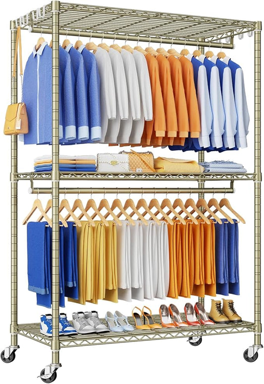 P8 Heavy Duty Clothes Rack（With Extended Width Design） Rolling Clothing Racks for Hanging Clothes，Portable Garment Rack with Lockable Wheels，51.2" W x 15.8" D x 80.5" H，Max Load 700LBS，Gold