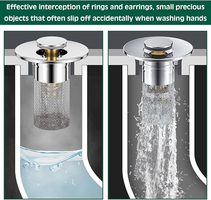 3 in 1 Sink Drain Strainer with Hair Catcher,2PCS Stainless Steel Popup Sink Stopper with Basket for Bathroom Kitchen Shower,Pop-up Bounce Core Floor Basin Drain Filter,Replacement Sink Plug