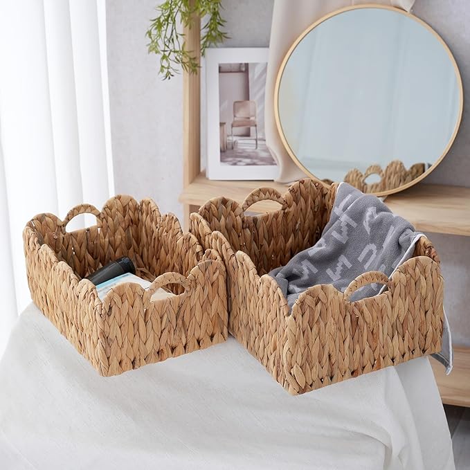 2-Pack Wicker Baskets with Handles, Large(15"Lx11"Wx7"H)&Small(13"Lx9"Wx6.25"H) Woven Storage Basket, Decorative Storage Basket for Home & Kitchen/Nursery Organizers