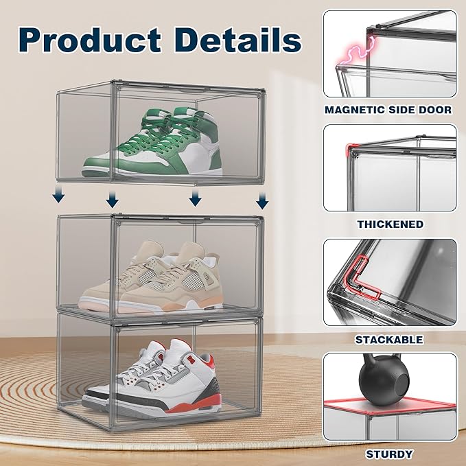 Shoe Storage Boxes Size 14, Acrylic Shoe Box Sneaker Display Case Plastic Stackable Shoes Boots Organizer with Magnetic Lid, 1 Pack,Black