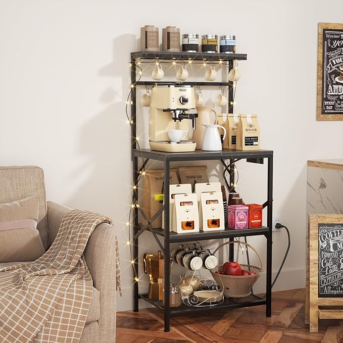 Kitchen Bakers Rack with Power Outlet, Small Coffee Bar Cart 4 Tiers, Microwave Stand with 8 Hooks, Adjustable Shelf, Freestanding Kitchen Appliance Stand, Black Oak