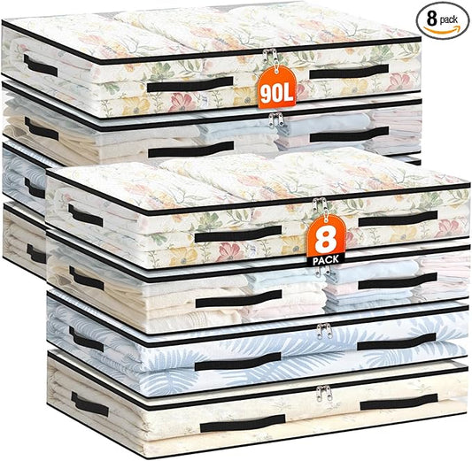 8 Pack Under Bed Storage Bags, 90L Foldable Clear Storage Containers with Handles, Dual Zippers for Comforter, Clothes, Bedding, Linen Sheets, Sweaters, Blanket Storage