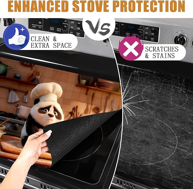 Stove Top Covers for Electric Stove, Waterproof Range Cover Mat, Scratch-Reducing Cooktop Protector, Easy-Care Counter Pad, 28.3 x 20.5 Inches, Panda Chef Kitchen Decor(Chef Panda)