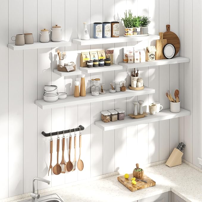 36 Inch Floating Shelves for Wall Set of 2, 8"D Wood Grain Bathroom Shelves with Invisible Brackets, Easy Install Engineered Wood Storage Shelves for Kitchen, Living Room, Bedroom, White Finish
