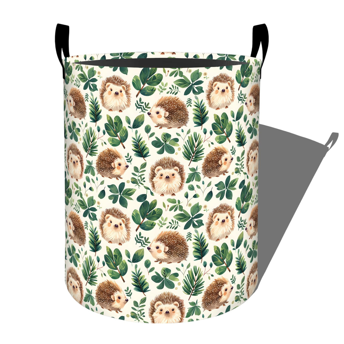 Cute Hedgehog with Green Leaf Laundry Basket with Handles - Image 1