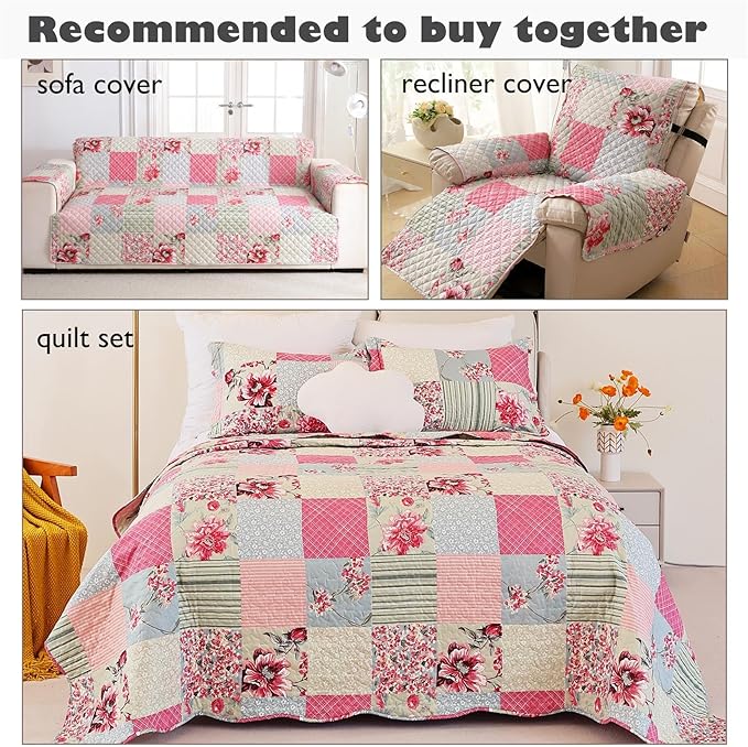 Cmfshape Skidproof Sofa Cover-Patchwork Sofa Slipcover with Elastic Straps-Easy Fit Slip Cover-Rose Washable Furniture Protector for Pets and Kids(Loveseat,Pink&Grey)