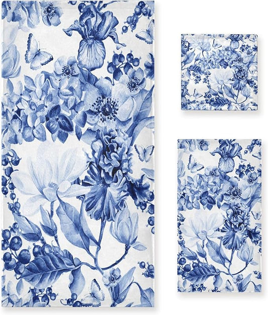3 Piece Navy Blue Floral Bath Towels Set,Microfiber Absorbent Blue Magnolia Flower Berries Butterfly Towels for Bathroom,1 Bath Towel,1 Hand Towel,1 Washcloth,Decorative Bathroom Towels