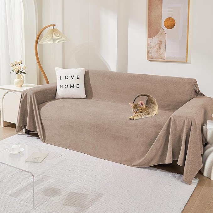 MEETSKY Couch Cover for 3 Cushion Sofa, Cat Scratch Proof Couch Protector Washable Sofa Covers Sectional Couch Covers for Dogs Soft L Shape Sofa Slipcover for Pets Kids, 91" x134”, Khaki