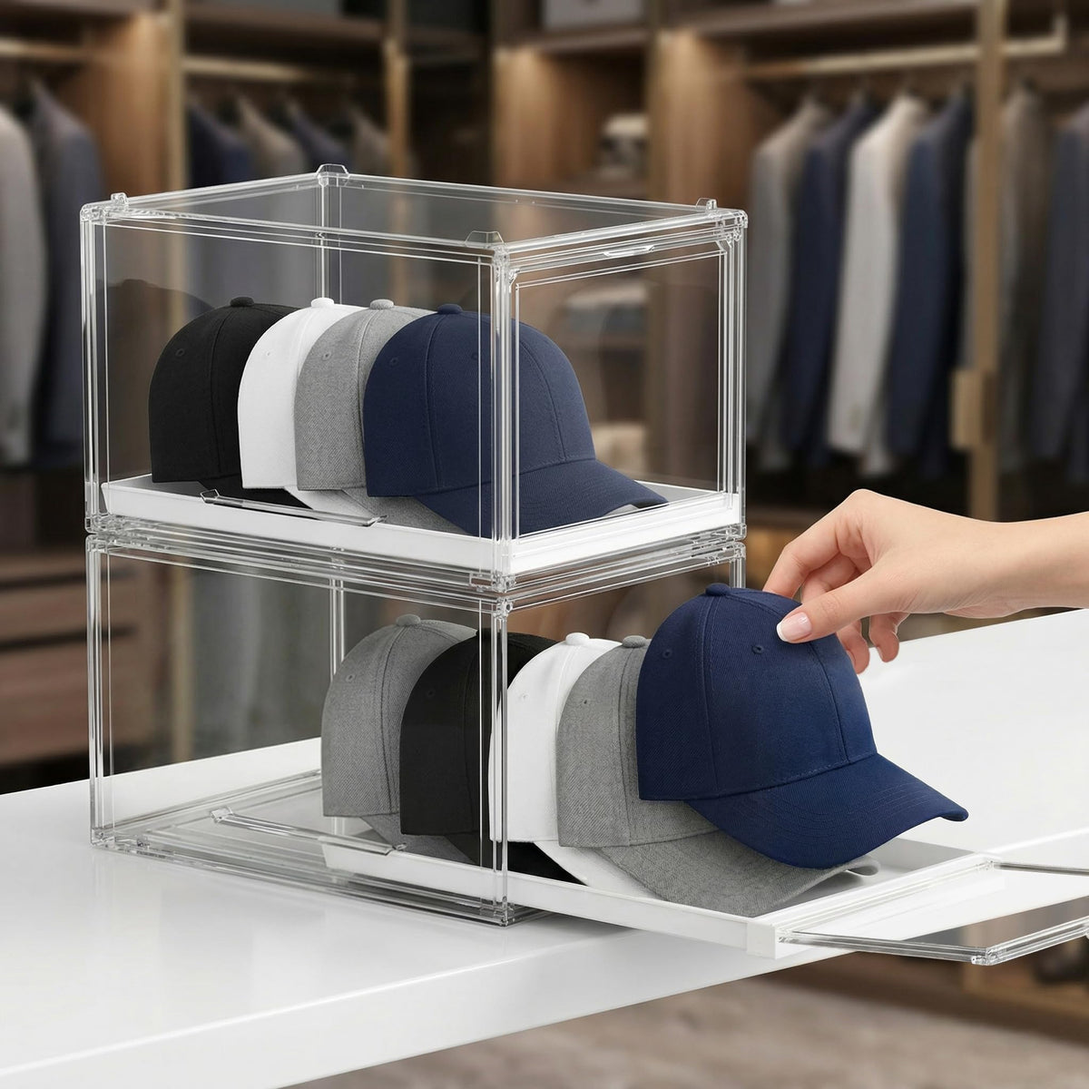 Hat Organizer for Baseball Caps: 2 Pack Clear Stackable - Image 1
