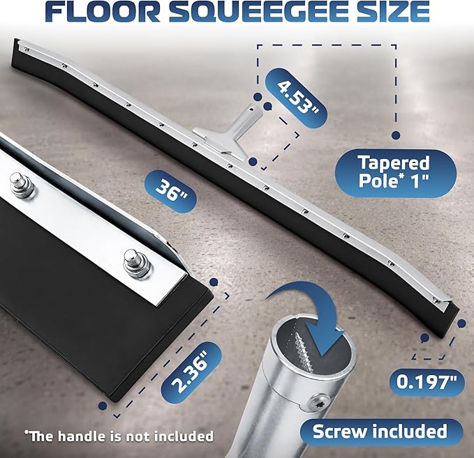 DSV Standard Curved Floor Squeegee 36’’, Rubber Blade Garage Squeegee, Taper Pole Connection - Handle Sold Separately for Tiles, Concrete and Asphalt